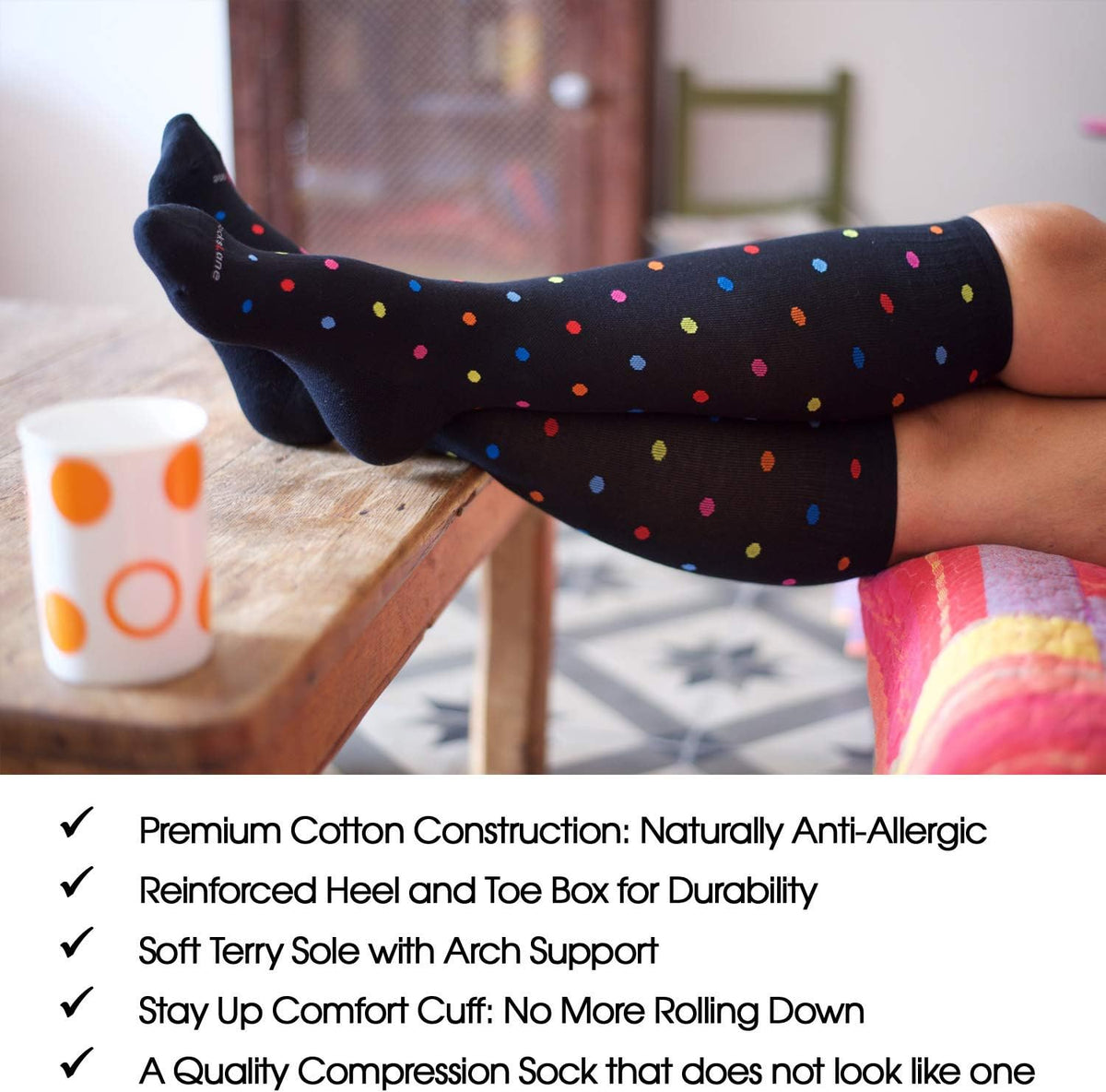 Cotton Compression Socks for Women & Men. 15-20 mmHg Support Knee-High Indigo Stripes S/M