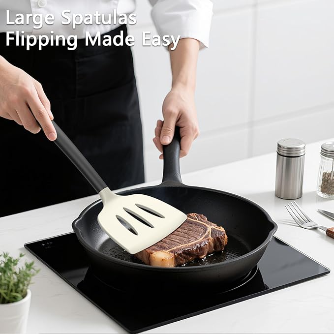 Coukre 3 Pack Silicone Spatula Set, High Heat Resistant, BPA-Free, Fish Spatula, Solid & Slotted Turner for Non-Stick Pans, Flipping Eggs, Pancakes, Fish, Burgers (3, BeigeBlack)
