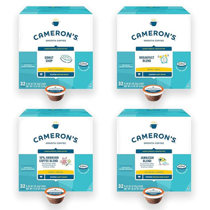 Cameron's Coffee Single Serve Pods, Variety Pack of Donut Shop, Breakfast Blend, 10% Hawaiian Blend, Jamaican Blend, 128 Count