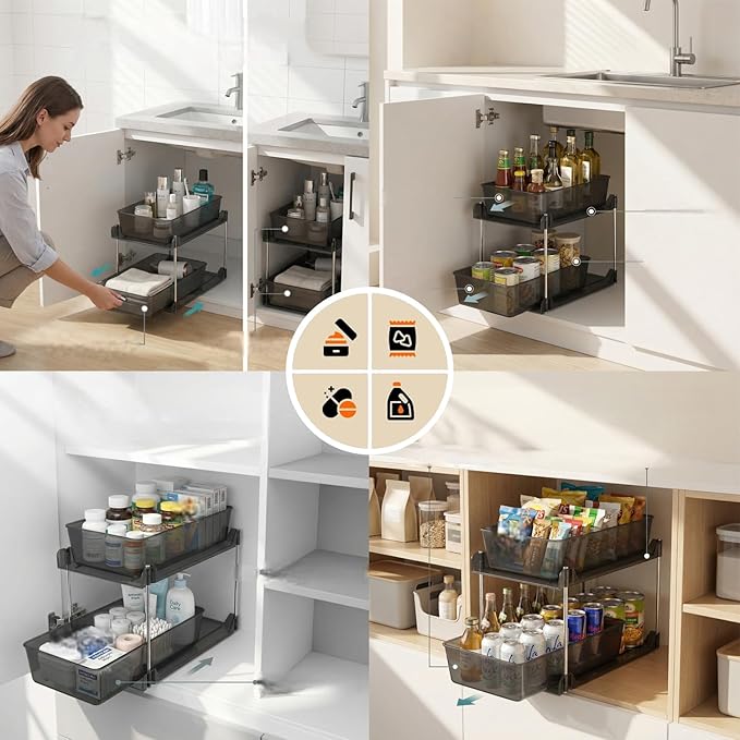 2 Pack 2 Tire Under Sink Organizer, Bathroom Organizers and Storage,Cabinet Drawers Bins, Pull-Out Organization with Track for Pantry, Kitchen,Fridge,Vanity Countertop (Black Clear