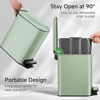 TIPGO Slim Bathroom Trash Can with Lid Soft Close, 6 Liter / 1.6 Gallon Stainless Steel Garbage Can with Removable Inner Bucket, Step Pedal, Small Trash Cans for Bedroom, Office, Kitchen (Green)