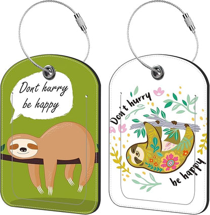 Cute Sloth Luggage Tag for Suitcase Set of 2 PU Leather Cute Luggage Tags with Stainless Metal Loop ID Label Privacy Flap Suitcase Tags for Women and Men Travel