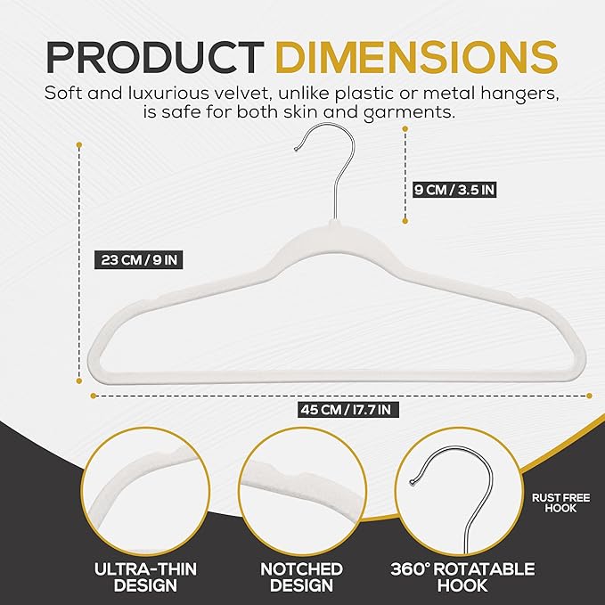 Premium Velvet Hangers 50 Pack Ultra Thin Non Slip Adult Felt Space Saving Slim Suit Hanger for Closet Heavy Duty Coat Pants Jackets Dress Hangers 360° Swivel Hook Hold Upto 10 lbs White