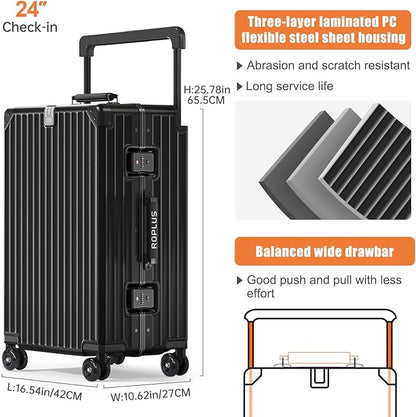 Aluminium Frame Checked-Luggage with Smooth Jelly Wheels, Hardside Zipperless Rolling Suitcase with TSA Lock (Pure Black, 24-Inch)