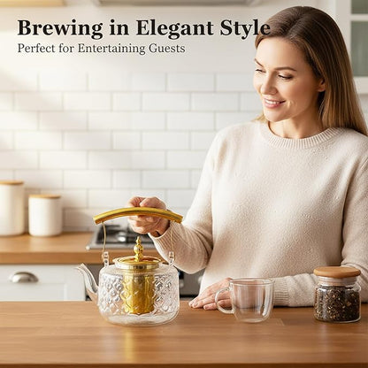 High Borosilicate Glass Teapot, 30 oz Thickened Heatproof Glass Teapot with Removable Stainless Steel Infuser and Lid, Stovetop Safe Tea Kettle, Hand Crafted Kettle, for Women and Adult