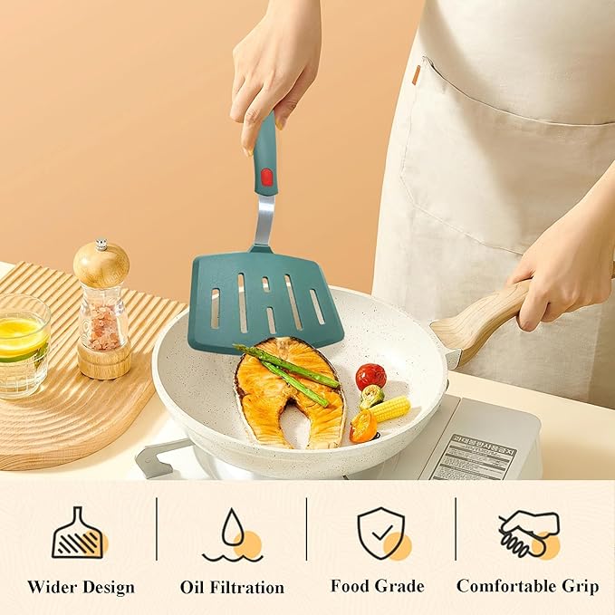 Silicone Spatula Turner, Heat Resistant Pancake Spatulas for Nonstick Cookware Pan, Wide Slotted Omelette Egg Spatula Fish Spatula Cooking Spatula for Kitchen Use Thin Flexible Spatula Dishwasher Safe