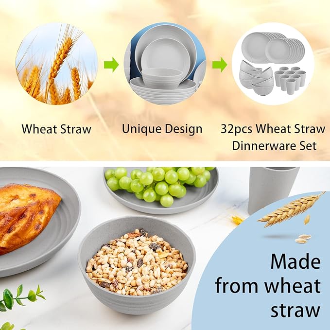Supernal 32pcs Wheat Straw Dinnerware Sets for 8,Plates and Bowls Sets,Reusable Plastic Plates,Grey Dish Set for 8 include 16pcs Dishes, 8pcs Bowls, 8pcs Cups,Dishwasher Safe.