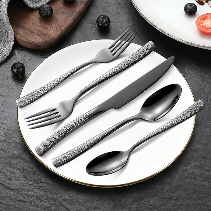 Black Hammered Silverware Set, Heavy Duty Flatware Set, 18/0 Stainless Steel
