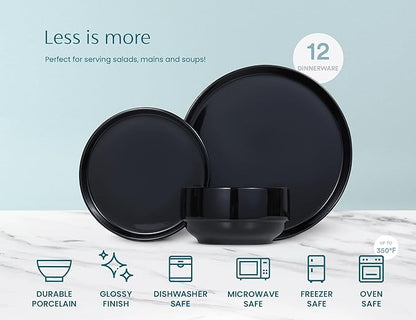 Ceramic Dinnerware Set, 12-Piece Service for 4, Soup Bowls (31.5 oz), Salad Plates (7.5"), Dinner Plates (10.5"), Round, Microwave and Dishwasher Safe, Black, Cambridge Classics