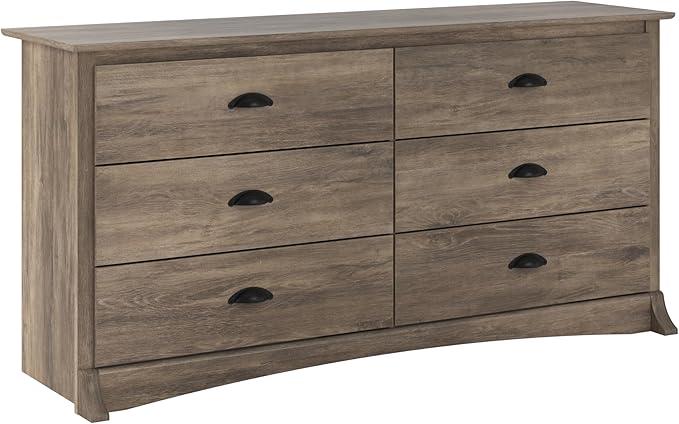 Prepac Sonoma 6-Drawer Double Dresser for Bedroom, Wide Chest of Drawers, Traditional Bedroom Furniture, 59" wide x 17.5" deep x 29" tall, Drifted Gray