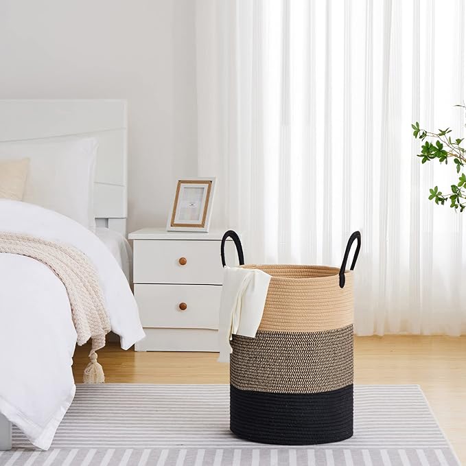 VIPOSCO Large Laundry Hamper, Tall Woven Rope Storage Basket for Blanket, Toys, Dirty Clothes in Living Room, Bathroom, Bedroom - 58L Brown & Black