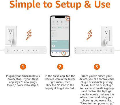 Amazon Basics Smart Plug Power Strip with 6 Individually Controlled Outlets and 3 USB Ports (2 USB-A and 1 USB-C), Works with Alexa Only, 2.4 GHz Wi-Fi, No Hub Required, White