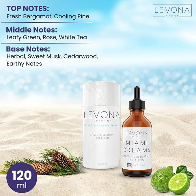 Levona Scent Essential Oils for Diffusers for Home: Miami Dreams Hotel & Home Luxury Scents Fragrance Oil - Aroma Oil with Notes of Bergamot Oil & Pine Essential Oil -120 Ml Scented Oils for Diffuser