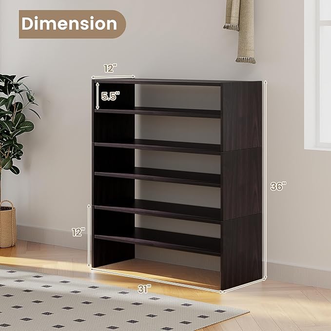 COSTWAY 6-Tier Shoe Rack, Extra Wide Shoe Shelf Organizer with Stackable Design, 31" Freestanding Storage Shoe Stand for Small Space Entryway Hallway Closet (Brown)