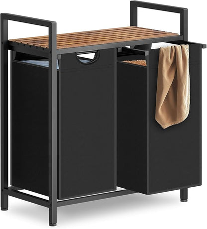 Laundry Hamper, Laundry Sorter with 2 Pull-Out Removable Oxford Fabric Bags Cloth Laundry Basket 2 x 10 Gallons (Black and Rustic Brown)