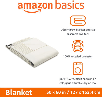 Amazon Basics Room Decor Throw Blanket, Lightweight and Cozy in Polyester, Ivory With Blue Cross-check Pattern, 50"x 60"