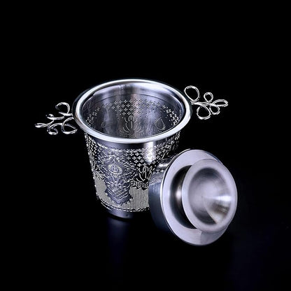 Premium Stainless Steel Tea Infuser Basket Gift Set - Gold Plated Loose Leaf Tea Steeper with Floral Engraved Lid, Stand & Fine Mesh Filter | Best Tea Strainer for Tea Lover