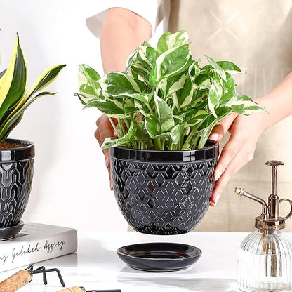 Sureasy Ceramic Indoor Plant Pots - 5.6 Inch Flower Pots for Plants with Drainage Hole and Saucer, Embossed Planter for Succulents, Orchid, Cactus, Indoor Home Decor, Set of 4, Black