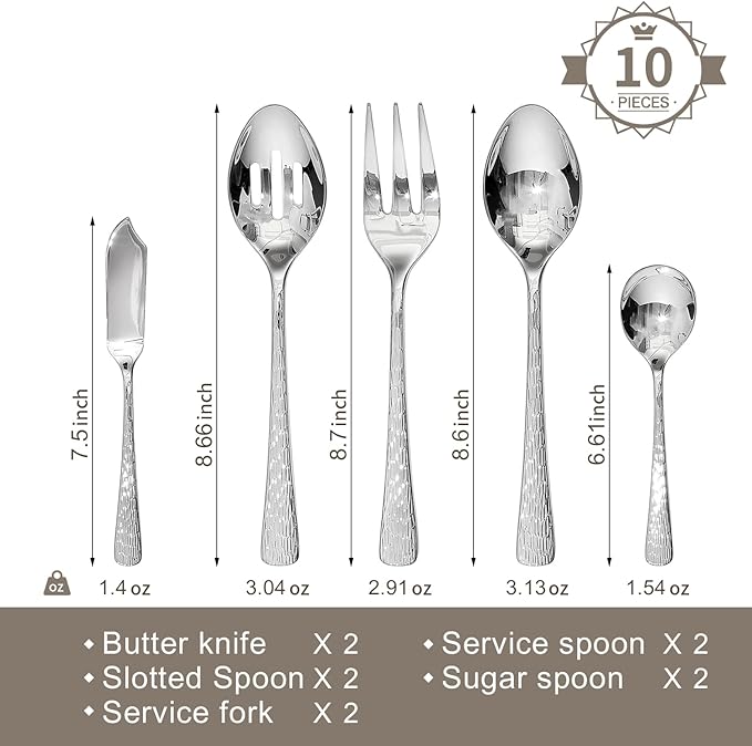 KINGSTONE Hammered 10-Piece Serving Utensil Set, 18/10 Stainless Steel Flatware for Catering, Party Include Spoons, Slotted Spoon, Fork, Butter Knife - Mirror Finish & Dishwasher Safe