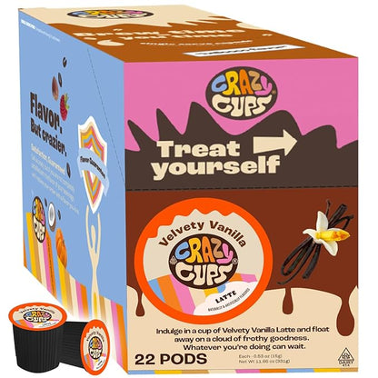 Crazy Cups Velvety Vanilla Latte Pods - Single Serve for Keurig K Cup Brewers, 22 Count