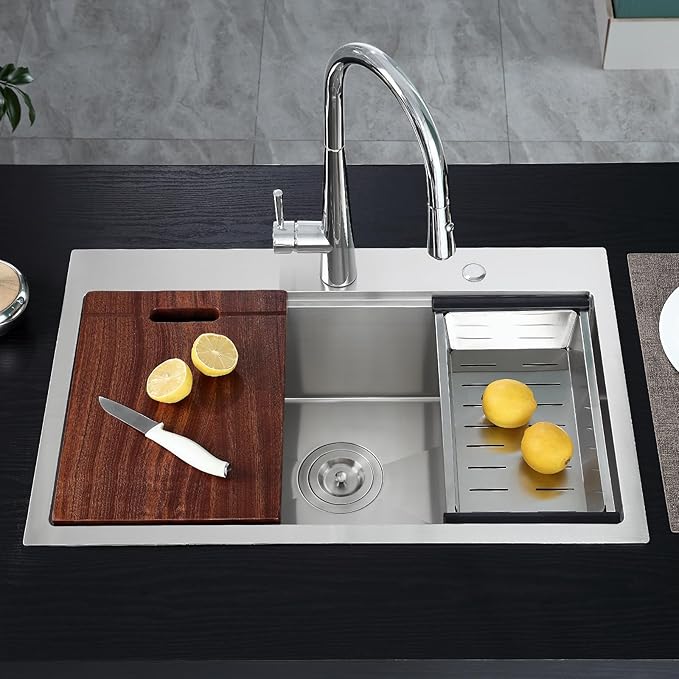 POPFLY 28 x 20 Inch Kitchen Sink, 28 Inch Stainless Steel Top Mount Drop in Workstation Sink, 9-Inch Deep Handmade Sinks with Cutting Board & Strainer, Brushed Nickel（28×20×9）