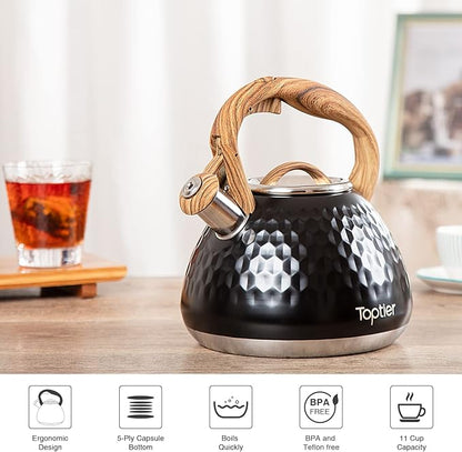 Tea Kettle, Toptier Teapot Whistling Kettle with Wood Pattern Handle Loud Whistle, Food Grade Stainless Steel Tea Pot for Stovetops Induction Diamond Design Water Kettle, 2.7-Quart Black