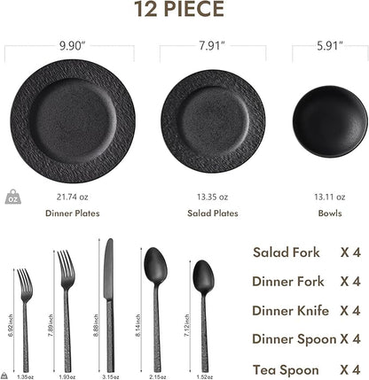 KINGSTONE Black Dinnerware Sets with flatware, 32-Piece Matte Marble Pattern Premium Porcelain, Place Setting with Dinner Plate, Salad Plate, Pasta Bowl, Microwave and Dishwasher Safe