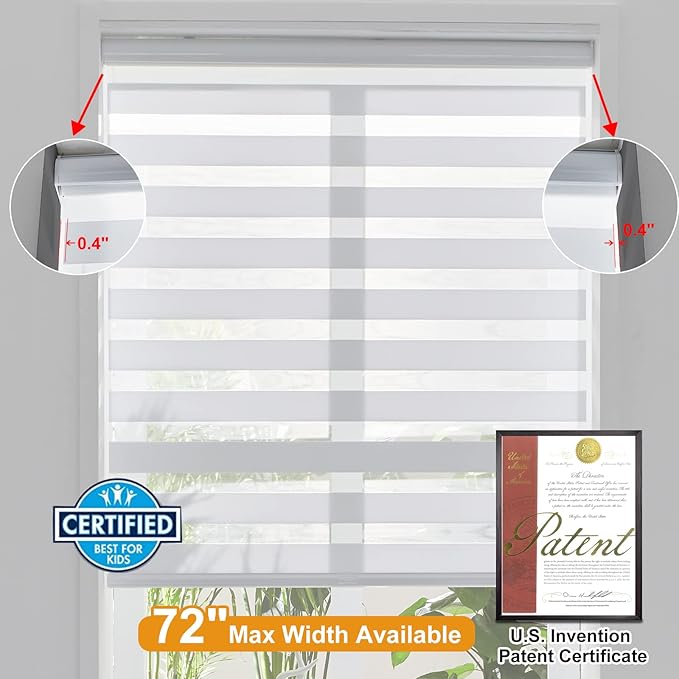 Persilux Cordless Zebra Blinds for Indoor Windows, Free-Stop Cordless, Light Filtering Sheer Shades Dual Layer for Day and Night, Roller Shades for Home (23.5" W X 64" H, White)