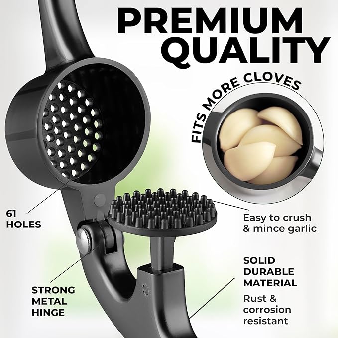 Zulay Kitchen Large Premium Garlic Press Set - Bigger Bowl for Bigger Garlic - Rust Proof & Dishwasher Safe Garlic Mincer Tool - Easy-Squeeze, Easy-Clean Silicone Garlic Peeler & Brush (Dark Gray)