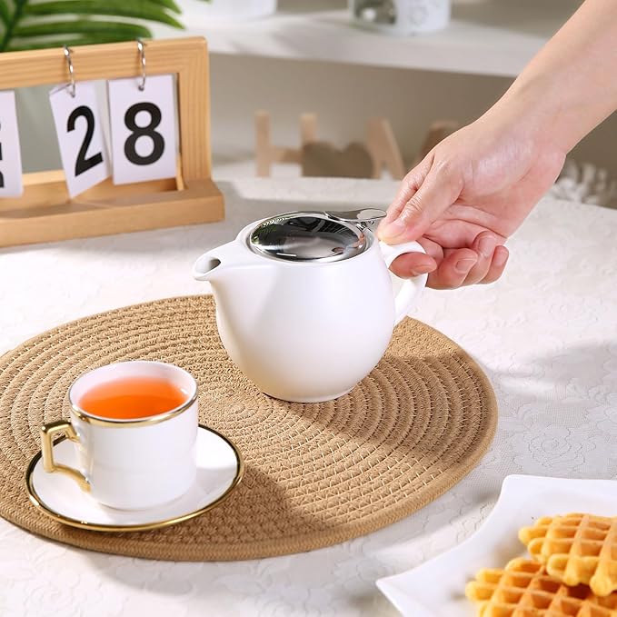 Small Ceramic Teapot With Stainless Steel Infuser For Loose Tea And Blooming Tea, Heat Resistant Ceramic Tea Pot And Tea Kettle, Perfect Tea Maker, White Teapot 350ml/12.0oz