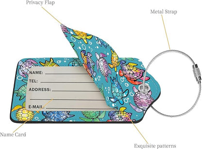 2 Pcs Luggage Tags for Suitcase, Cute Unique PU Leather Travel Bag Tag with Privacy Cover ID Label Address Card and Durable Metal Ring Suitable for Men Women Children Backpack,Gradient Color Turtle