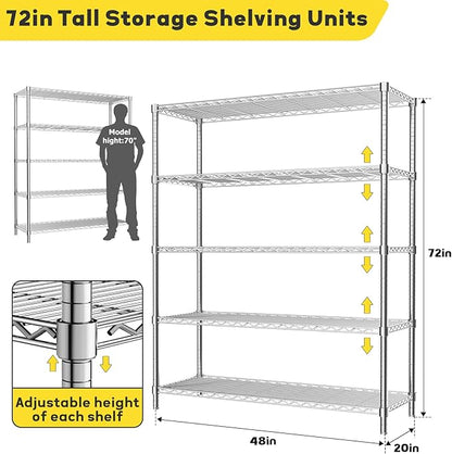 Storage Shelves, 48" L x 20" W x 72" H Heavy Duty Garage Wire Shelving Unit Loads 2000LBS, 5-Tier Adjustable Metal Industrial Utility Shelf Rack for Kitchen, Laundry Room, Basement