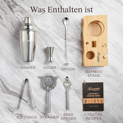 KITESSENSU Cocktail Shaker Set Bartender Kit, 6-Piece Silver Bar Set with Stand, Bar kit with Essential Bar Accessory Tools: Martini Shaker, Jigger, Strainer, Bar Spoon, Tongs, Opener