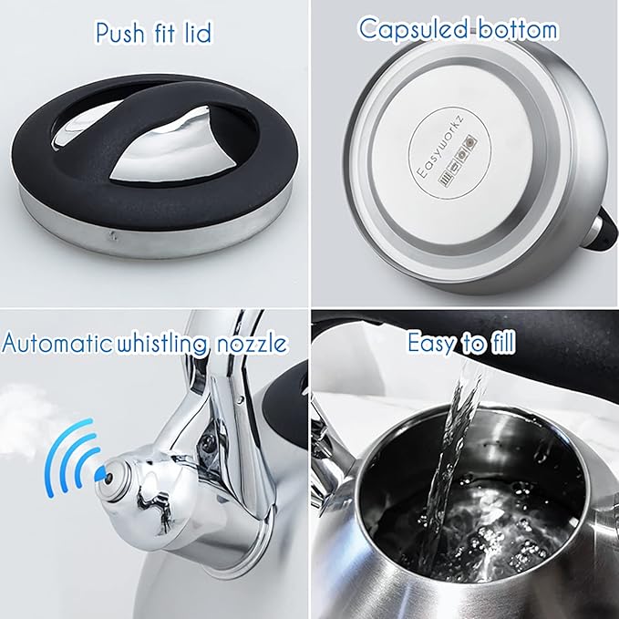 Easyworkz Whistling Stovetop Tea Kettle Food Grade Stainless Steel Hot Water Tea Pot With Loud Whistle,3.1 Quart(3.0l)