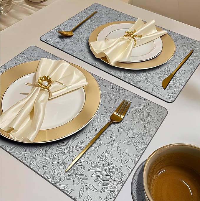 Spring Floral Pattern Placemats and Coasters Set, Embossed Flower Dinner Table