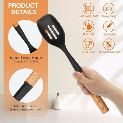 Large Silicone Cooking Spoon Set, 2 Pack Solid Slotted Spoon with Wooden Handle, Nonstick Silicone Kitchen Spoons for Cooking, Heat Resistan Spatula Set for Serving, Basting, Mixing (Black)
