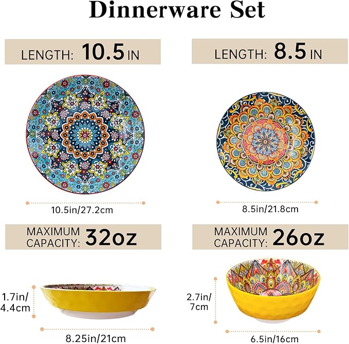 24 Pieces Dinnerware Sets, Ceramic Plates and Bowls Set, Microwave and Dishwasher Safe, Scratch Resistant, Bohemian Style Dishware Set, Service for 6