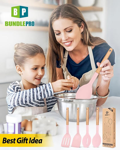 Pack of 4 Silicone Cooking Utensils Set, Non Stick Solid Spatulas and Heat Resistant Slotted Spoons with Wooden Handle, Ideal Wood Kitchen Utensils Set for Frying,Serving,Turning,Stirring (PINK)