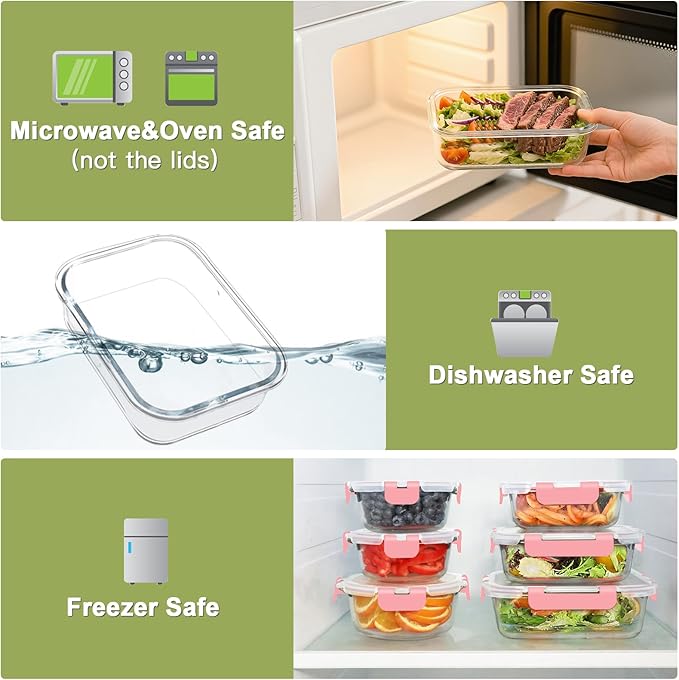 BAYZZ 24 Piece Glass Food Storage Containers with Lids, Airtight Glass Meal Prep Containers for Kitchen, BPA-Free Lunch Box, Microwave and Freezer Safe,Pink