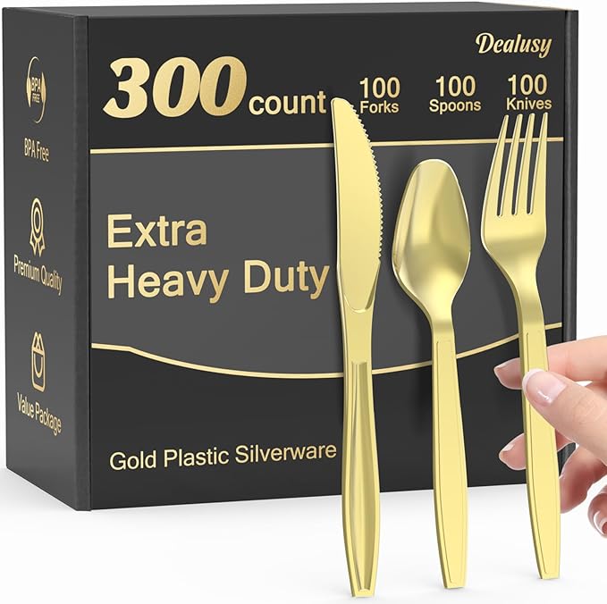 300 Count Extra Heavy Duty Gold Plastic Silverware, 100 Forks, 100 Spoons, 100 Knives, BPA-Free, Heat Resistant, Disposable Plastic Utensils Set, Plastic Cutlery Set, Plasticware Bulk