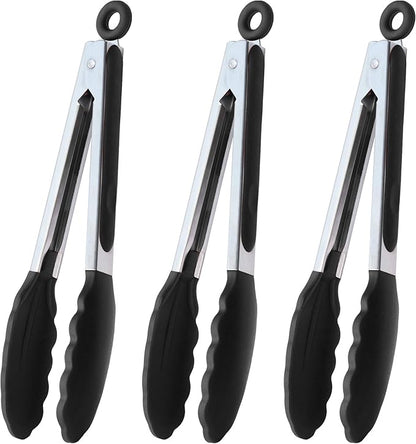 Serving Tongs 9-Inch Cooking Tongs with Silicone Tips, Set of 3 (Black)