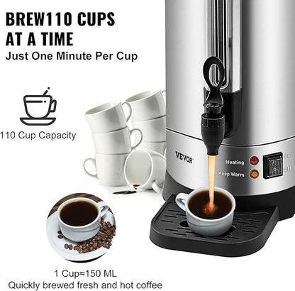 VEVOR Commercial Coffee Urn, 110Cups/16.5L Stainless Steel Large Coffee Dispenser, 1500W 110V Electric Coffee Maker Urn For Quick Brewing, Hot Water Urn for Easy Cleaning