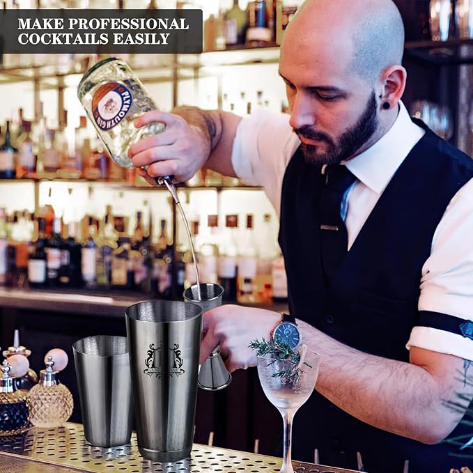 Personalized Cocktail Shaker 24oz - Custom Stainless Steel Bar Kit with Engraved Name, Built-in Strainer & Measuring Jigger & Spoon, Gift for Bartenders & Cocktail Lovers (Shield Design)