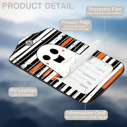 Halloween Set of 2 Luggage Tags Cute Ghost on Black and White Stripes Luggage Tags for Suitcases Leather Suitcase Tags with Privacy Name Address Label and Stainless Steel Loop for Women Men Travel Bag