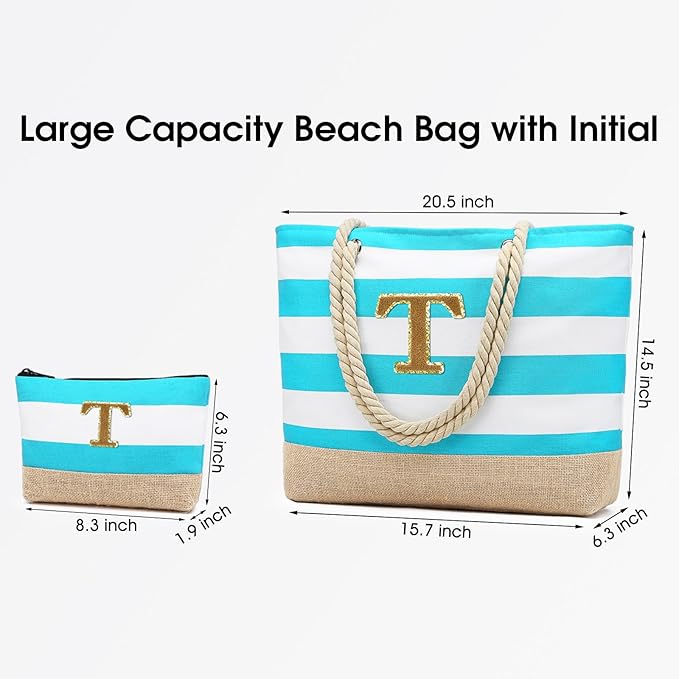 Becokan Beach Bag Initial Beach Tote with Makeup Bag for Travel Work Storage Personalized Birthday Gifts for Women Her