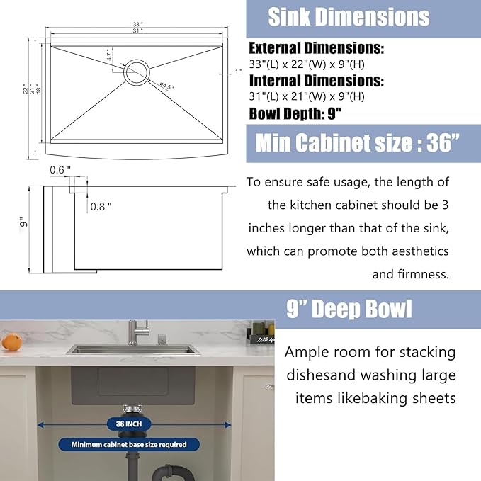 Black Farmhouse Sink 33 Inch - COMLLEN 33x22 Apron Front Farmhouse Kitchen Sinks 16 Gauge Stainless Steel Undermount Ledge Workstation Deep Single Bowl Luxury Rustic Farm Sinks with All Accessories