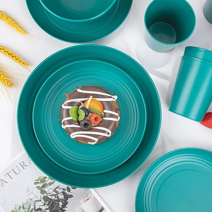 LIYH 48 Pcs Green Wheat Straw Plates and Bowls set - Plastic Dinnerware Set - Dishwasher Safe Camping Plates Dishes Set for 12, Unbreakable Wheat Straw Plate Bowls Reusable 12 Guests