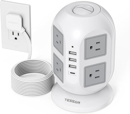 TESSAN Tower Surge Protector Power Strip 10 ft, Long Flat Extension Cord with Multiple Outlets, 8 AC Outlets with 4 USB Ports (1 USB C), Charging Station with Surge Protection, for Home Office Dorm