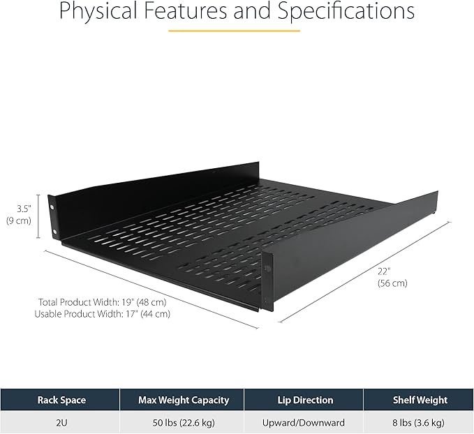StarTech.com 2U Server Rack Shelf - Universal Vented Rack Mount Cantilever Tray for 19" Network Equipment Rack & Cabinet - Heavy Duty Steel - Weight Capacity 50lb/23kg - 22" Deep Shelf (CABSHELF22V)