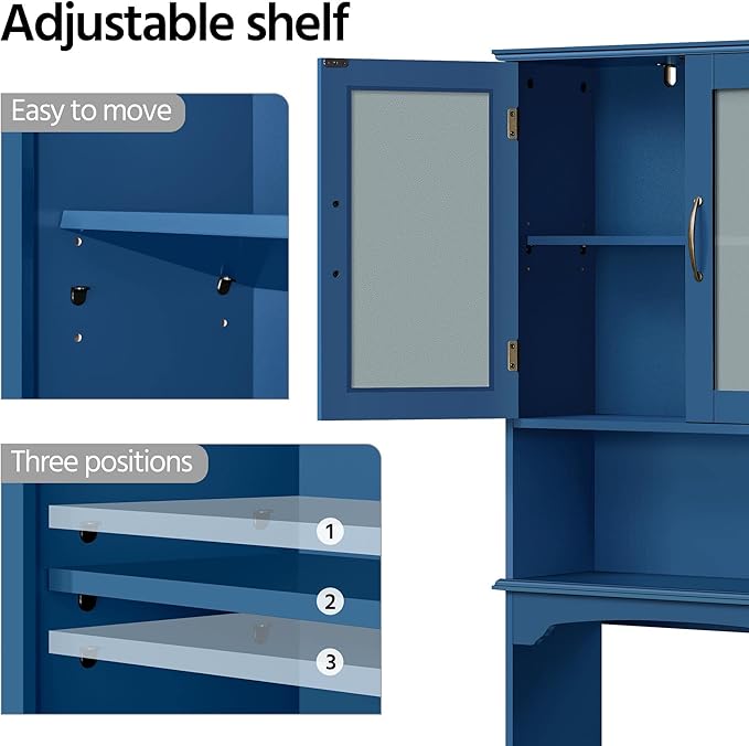 Yaheetech Over The Toilet Storage Cabinet, Free Standing Toilet Rack with Adjustable Shelves and Tempered Glass Doors for Bathroom Washroom, Navy Blue